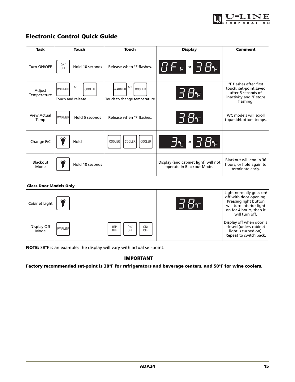 Electronic control quick guide, Ada series | U-Line ADA24R User Manual | Page 17 / 20