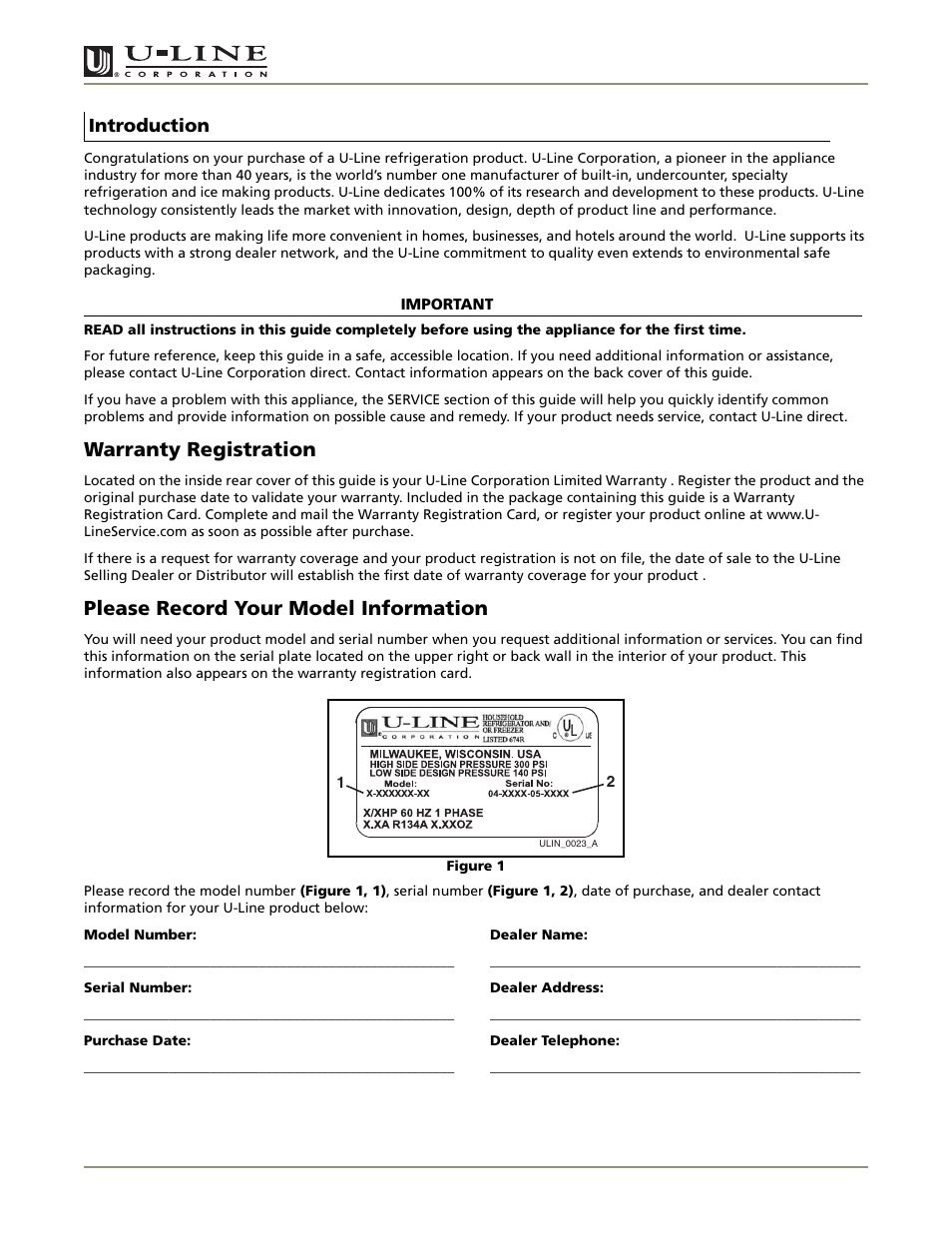 Ada series, Warranty registration, Please record your model information | U-Line ADA24R User Manual | Page 2 / 20