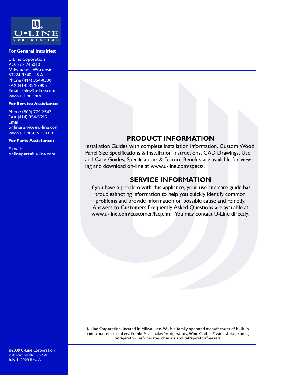 Product information, Service information | U-Line ADA24R User Manual | Page 20 / 20