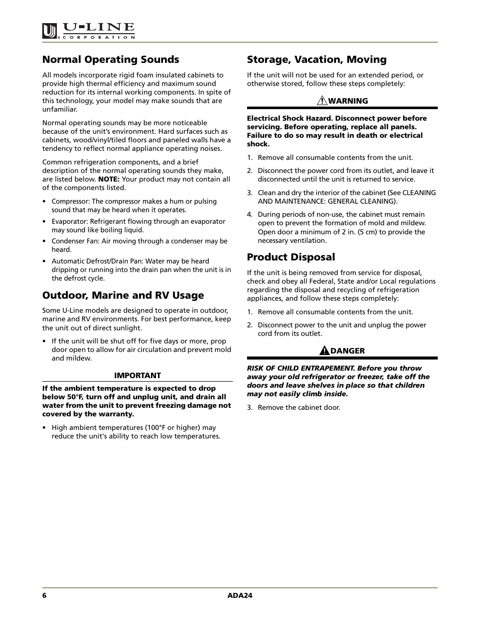 Ada series, Normal operating sounds, Outdoor, marine and rv usage | Storage, vacation, moving, Product disposal | U-Line ADA24R User Manual | Page 8 / 20