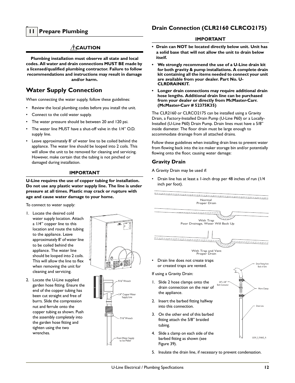 Water supply connection, 11 prepare plumbing, Gravity drain | U-Line CO29 User Manual | Page 14 / 19