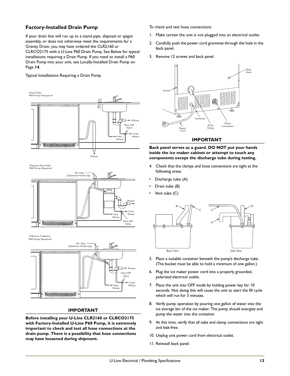 Factory-installed drain pump, Important, U-line electrical / plumbing specfications 13 | U-Line CO29 User Manual | Page 15 / 19