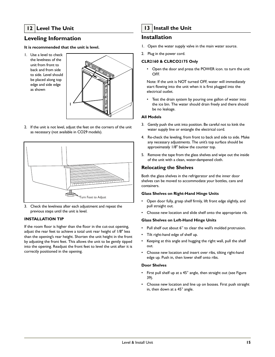 Leveling information, Installation, 12 level the unit | 13 install the unit | U-Line CO29 User Manual | Page 17 / 19