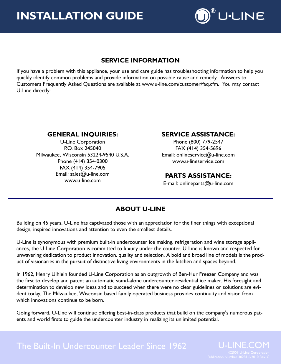 Installation guide, The built-in undercounter leader since 1962 | U-Line CO29 User Manual | Page 19 / 19