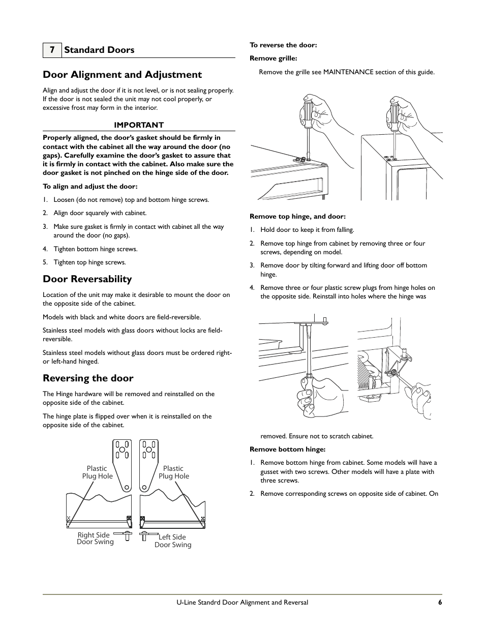 Door alignment and adjustment, Door reversability, Reversing the door | 7 standard doors | U-Line CO29 User Manual | Page 8 / 19