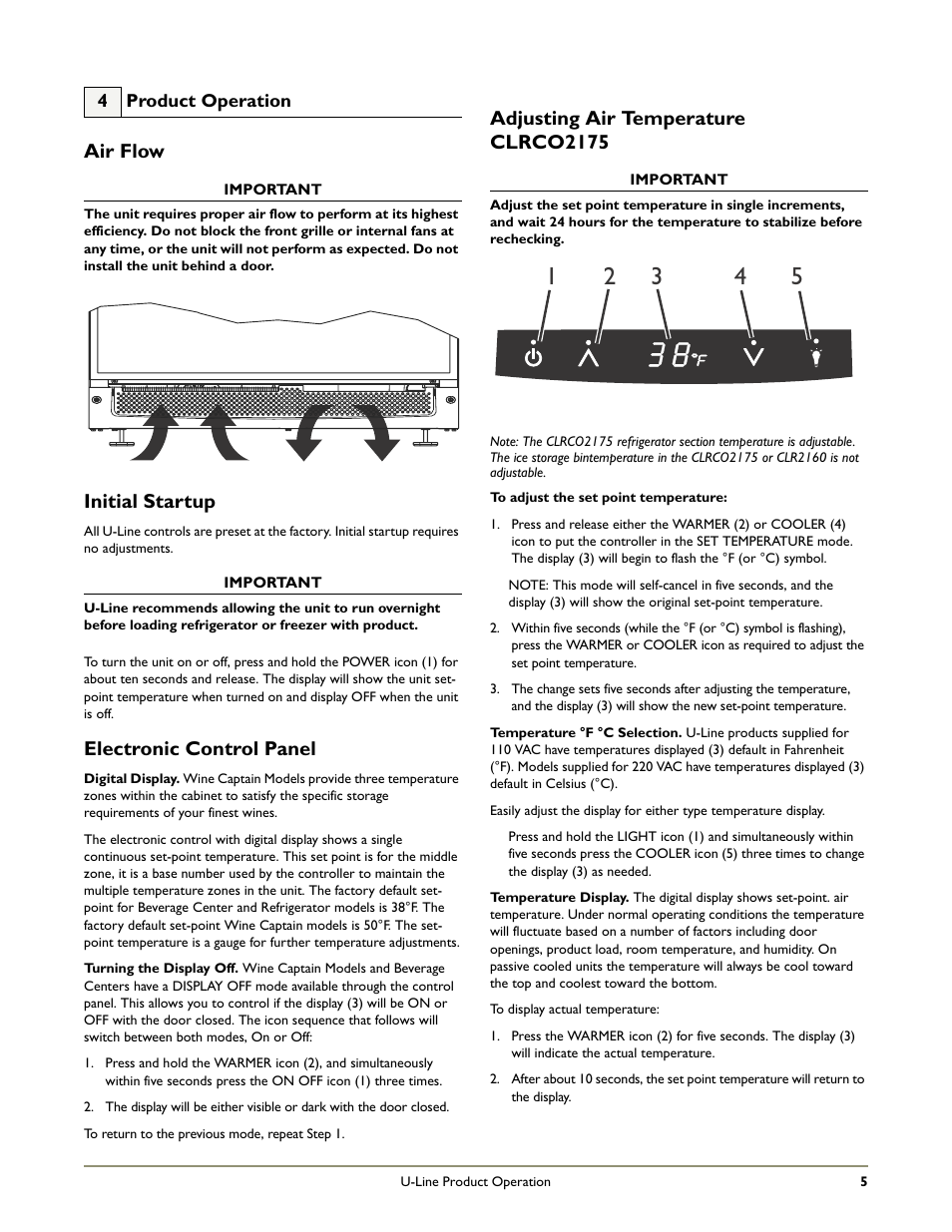 Air flow, Electronic control panel, Adjusting air temperature clrco2175 | Initial startup | U-Line CLR2160 STAINLESS User Manual | Page 7 / 20