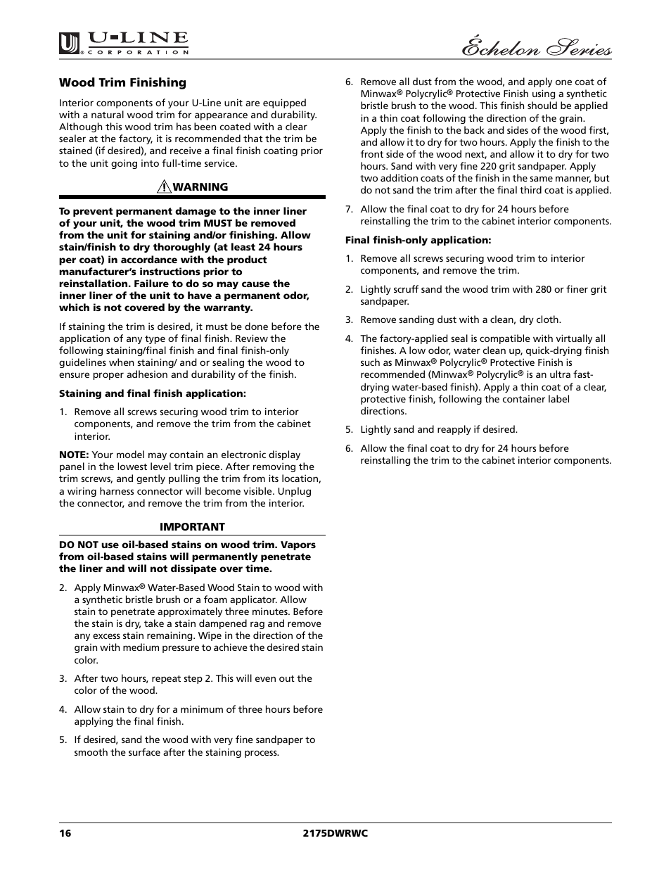 U-Line 2175DWRWC User Manual | Page 16 / 20