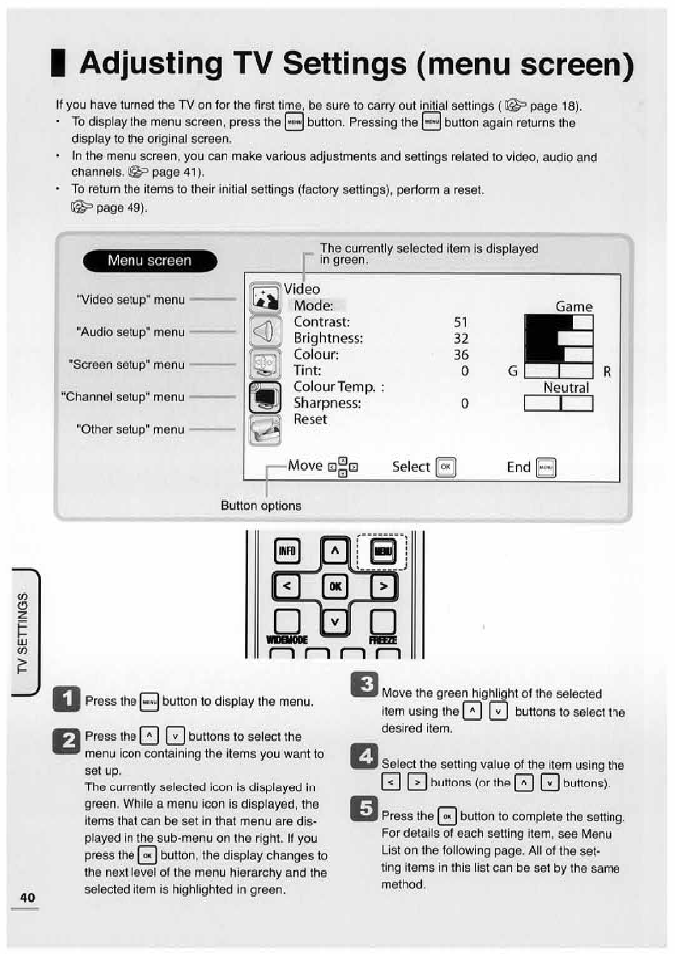 I adjusting tv settings (menu screen), Adjusting tv settings (menu screen) | Uniden TL32TX1-AW User Manual | Page 40 / 60