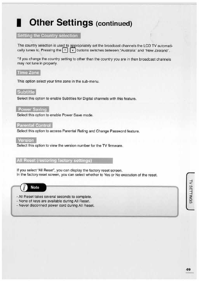 I other settings (continued), Setting the country selection, Time zone | Power saving, Parental control, Version, All reset (restoring factory settings), Power saving parental control, Version all reset (restoring factory settings), I other settings | Uniden TL32TX1-AW User Manual | Page 49 / 60
