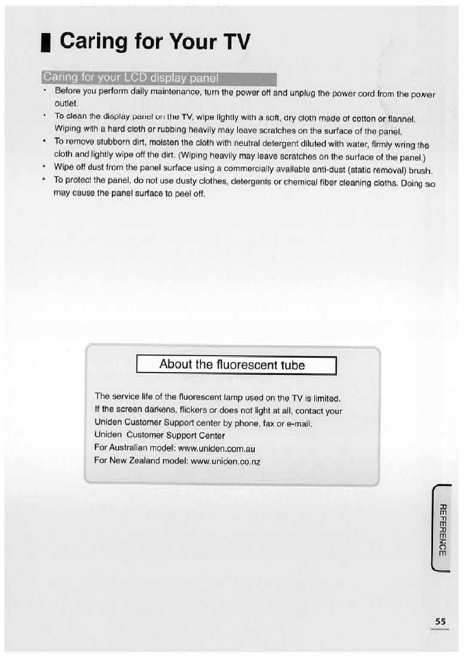 I caring for your tv, Caring for your tv, Caring for your lcd display panel | About the fluorescent tube | Uniden TL32TX1-AW User Manual | Page 55 / 60