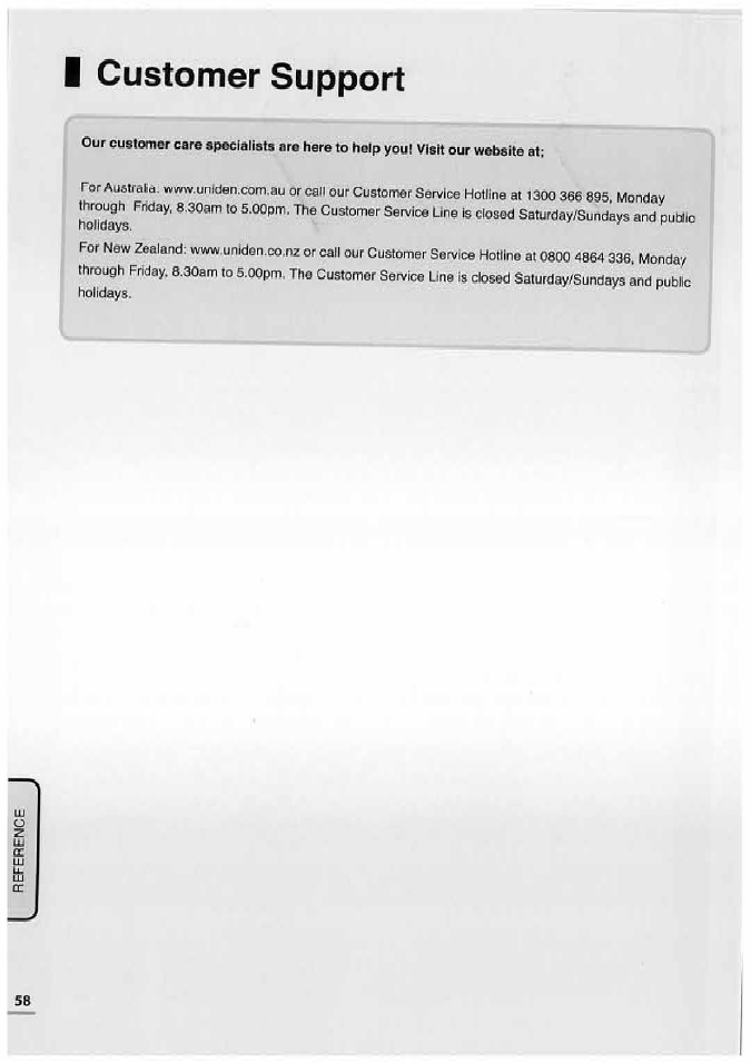 I customer support, Customer support | Uniden TL32TX1-AW User Manual | Page 58 / 60