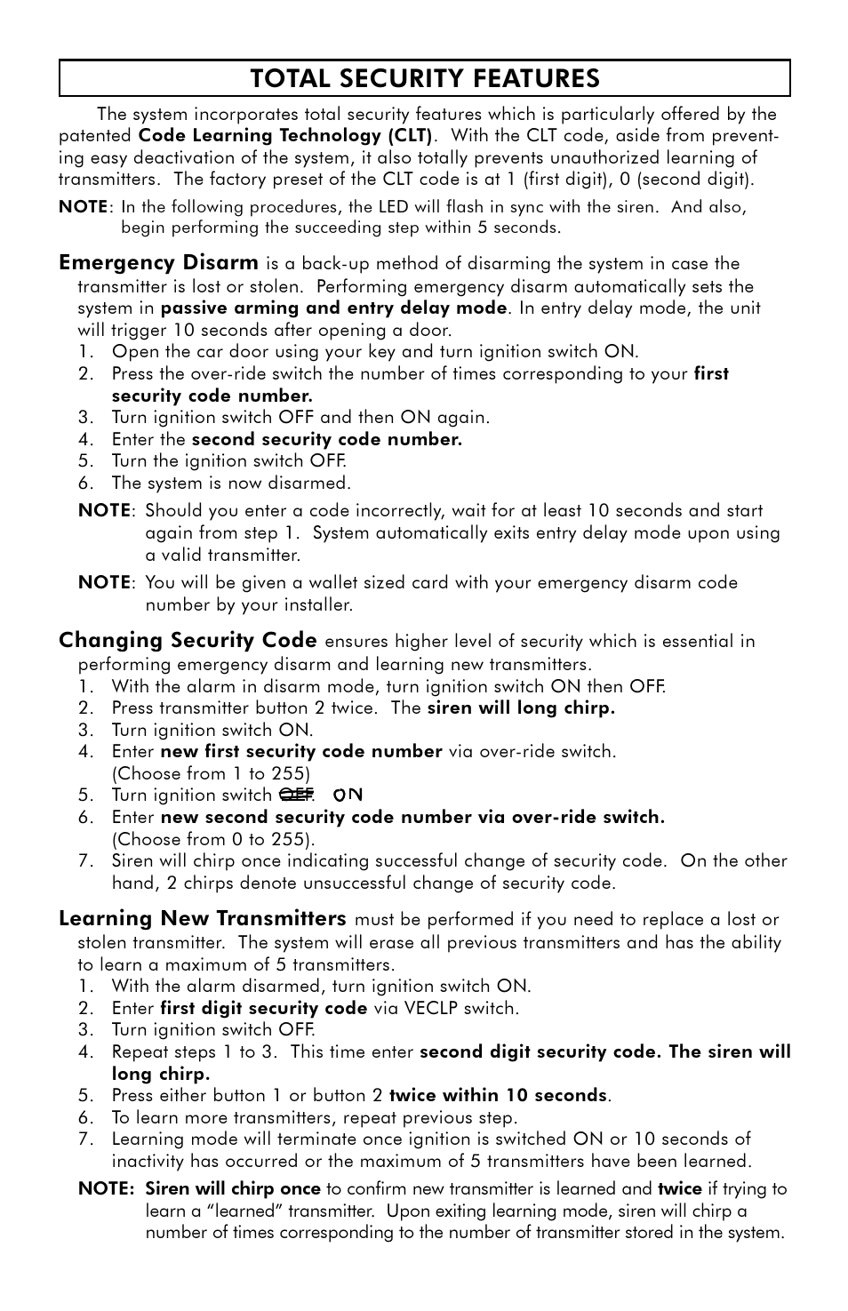 Total security features, Emergency disarm, Changing security code | Learning new transmitters | Uniden VS1600XR User Manual | Page 4 / 4