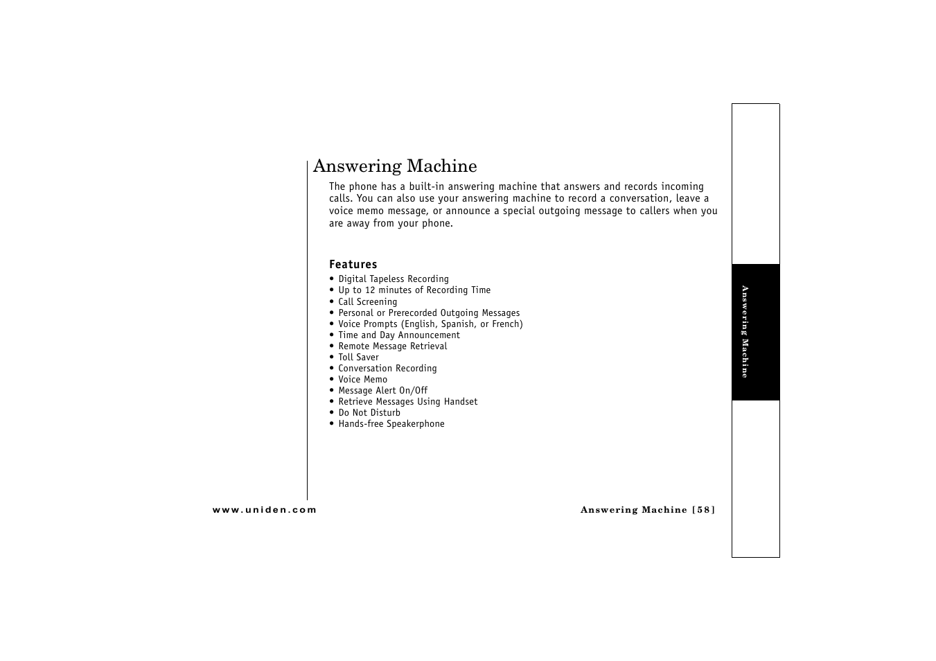 Answering machine, Features | Uniden CLX475 User Manual | Page 59 / 92