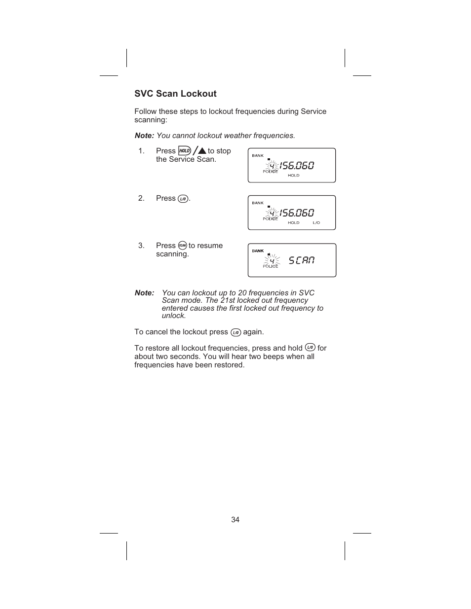 Svc scan lockout 34, Svc scan lockout | Uniden BC 245XLT User Manual | Page 34 / 90