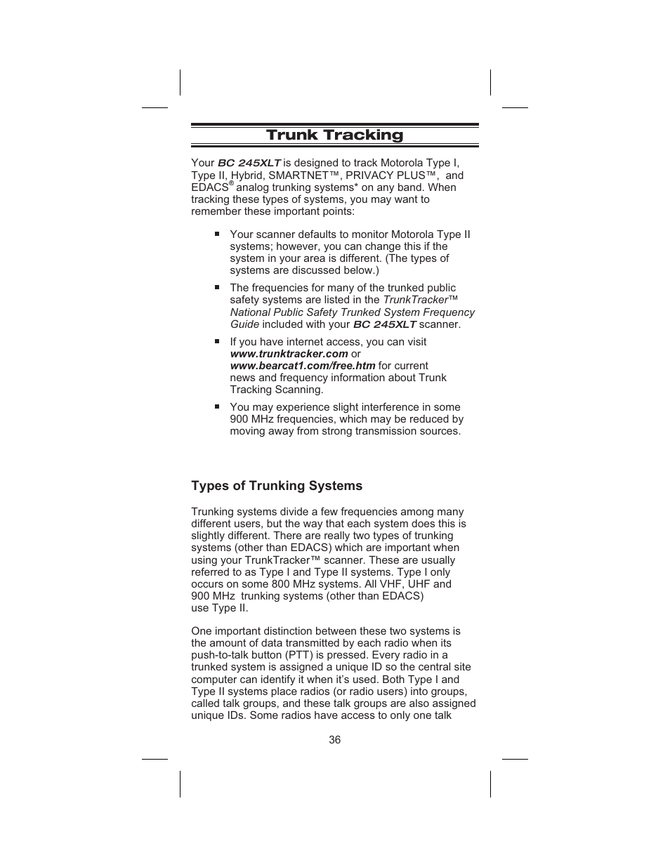 Trunk tracking 36, Types of trunking systems 36, Trunk tracking | Types of trunking systems | Uniden BC 245XLT User Manual | Page 36 / 90