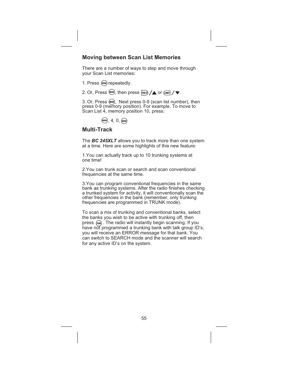 Moving between scan list memories 55, Multi-track 55, Multi-track | Uniden BC 245XLT User Manual | Page 55 / 90