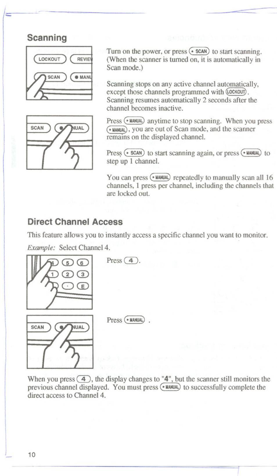 Direct channel access, Scanning | Uniden UBC144XLT User Manual | Page 12 / 20