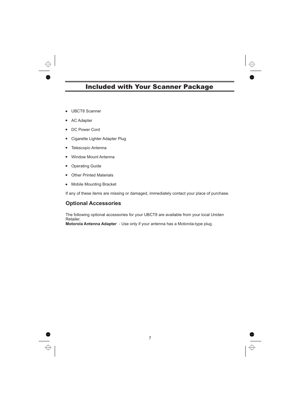 Included with your scanner package | Uniden UBCT8 User Manual | Page 11 / 68
