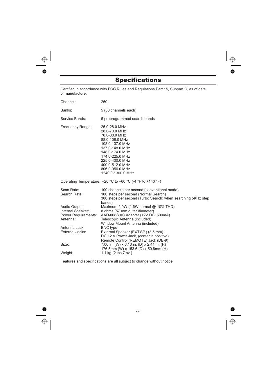 Specifications | Uniden UBCT8 User Manual | Page 59 / 68