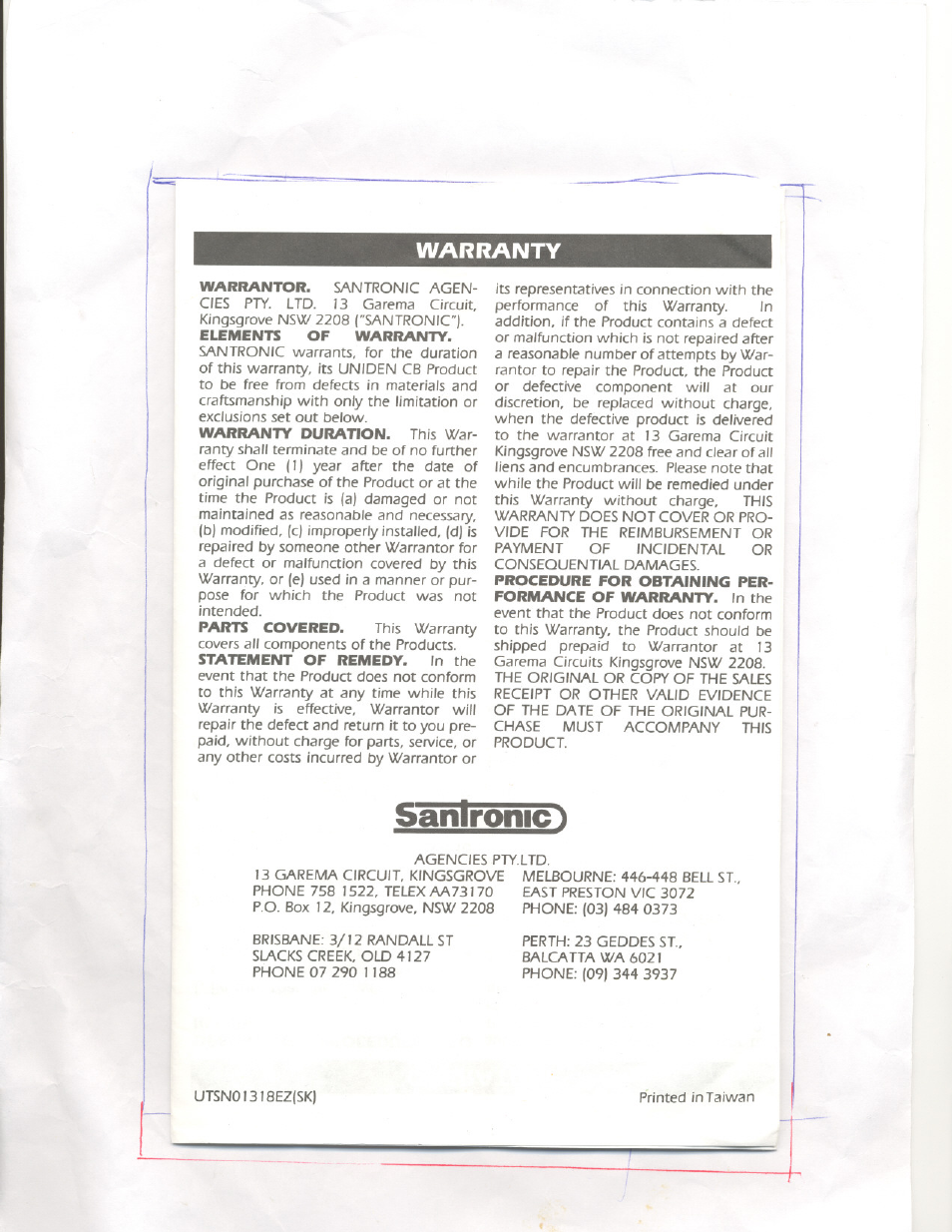 Aanironic i, Warranty | Uniden PC33X User Manual | Page 8 / 8