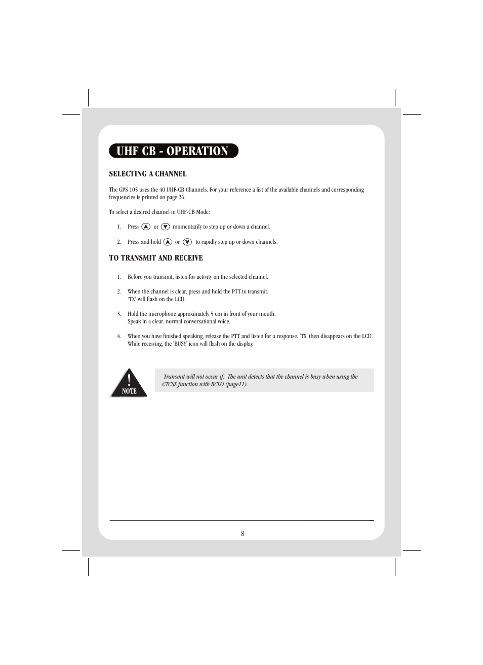 Uhf cb - operation | Uniden GPS105 User Manual | Page 15 / 36