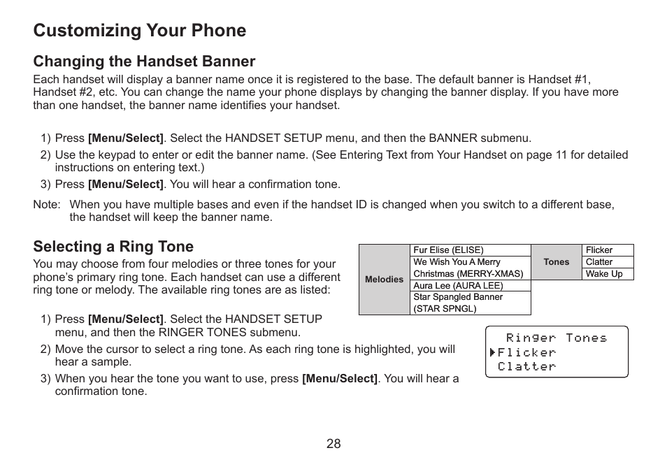 Customizing your phone, Changing the handset banner, Selecting a ring tone | Changing.the.handset.banner, Selecting.a.ring.tone | Uniden DECT2060 User Manual | Page 29 / 56
