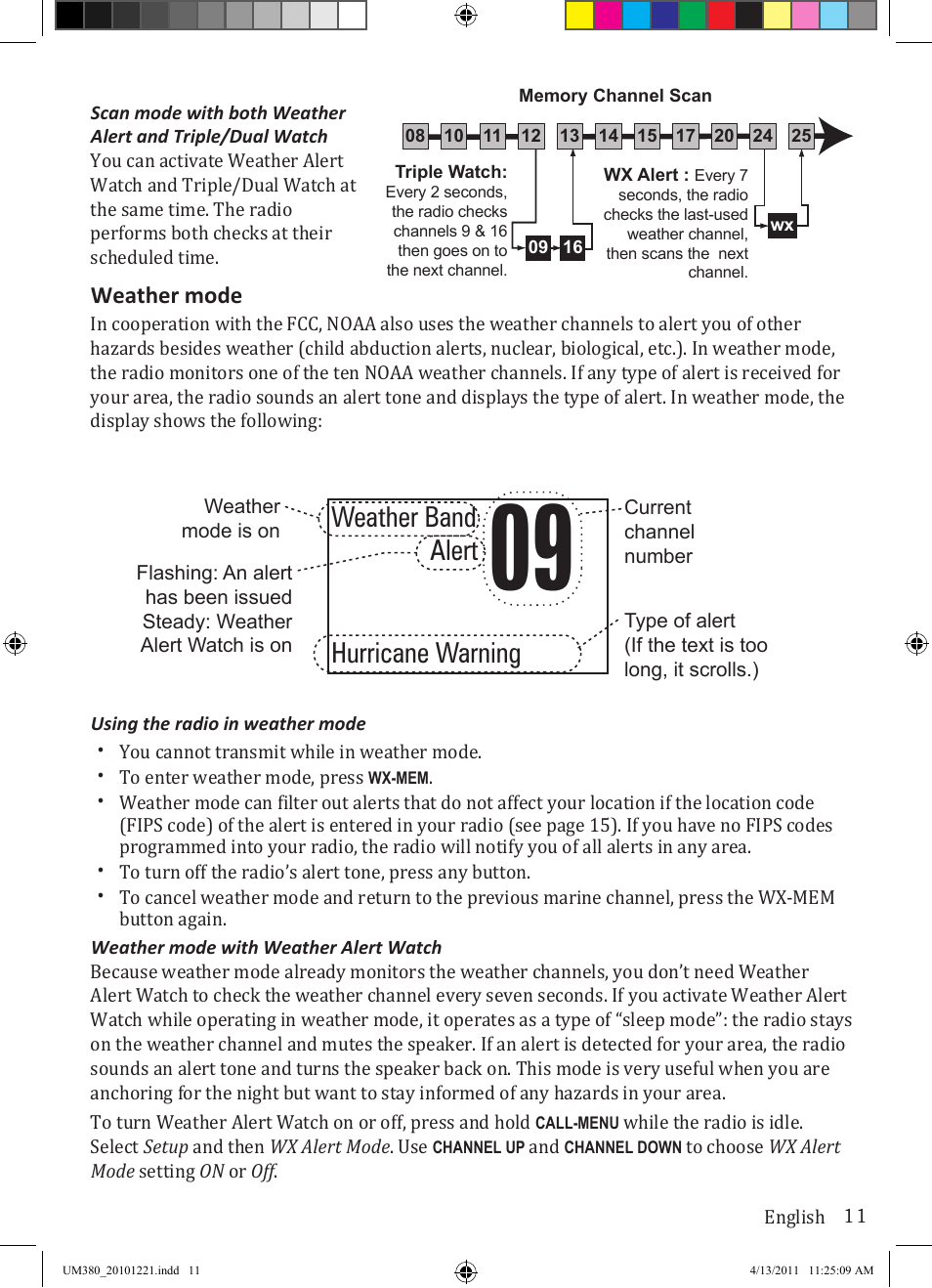 Hurricane warning weather band alert, Weather mode | Uniden Waterproof DSC Marine Radio UM380 User Manual | Page 15 / 56