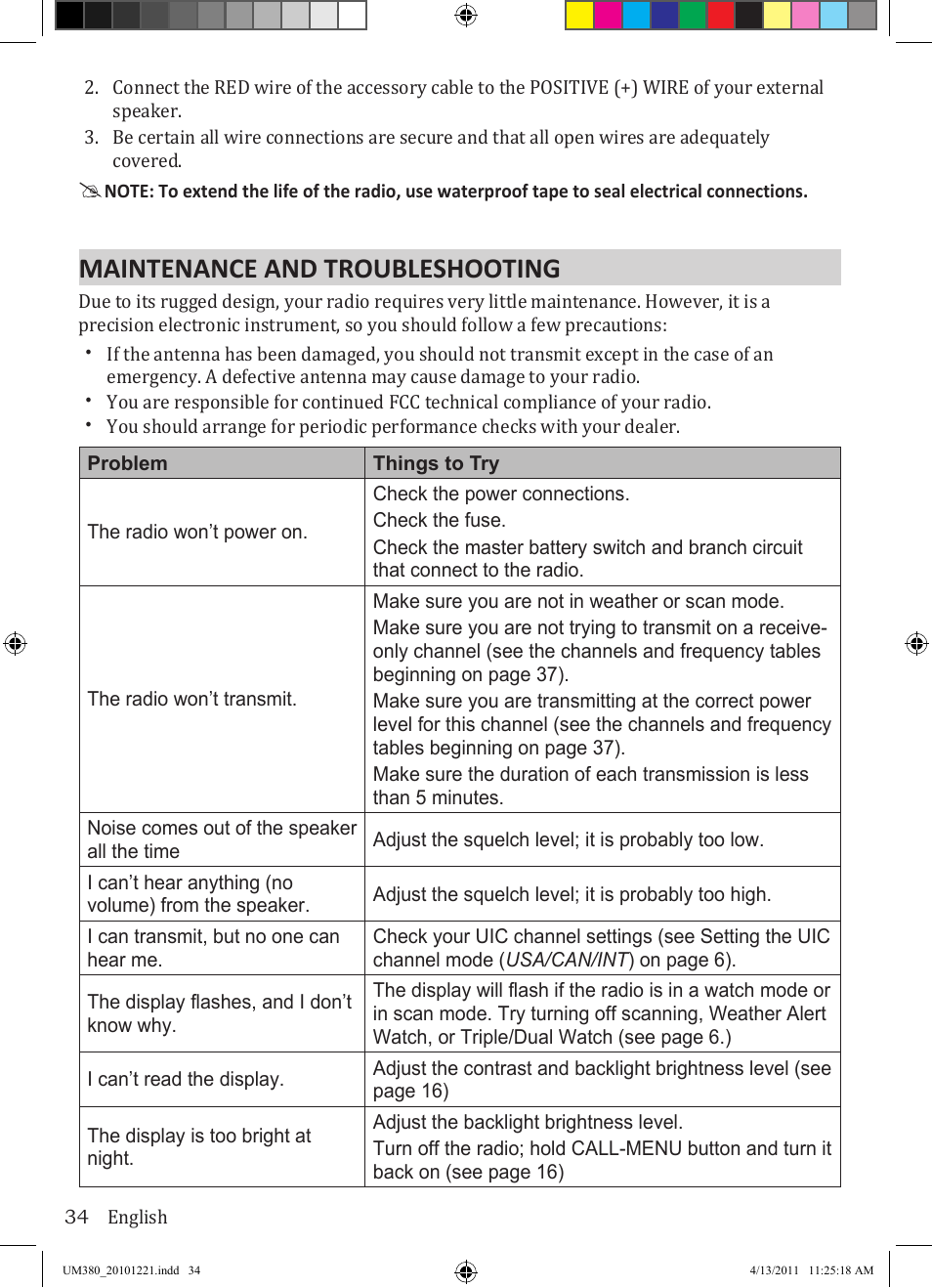 Maintenance and troubleshooting | Uniden Waterproof DSC Marine Radio UM380 User Manual | Page 38 / 56