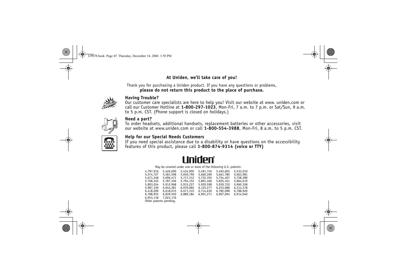 At uniden, we'll take care of you | Uniden EXI 4246 User Manual | Page 46 / 47