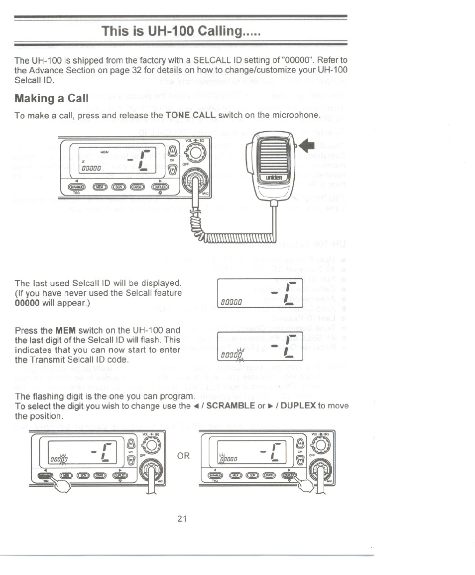 This isuh-100 calling, Making a call | Uniden UH-100 User Manual | Page 22 / 52