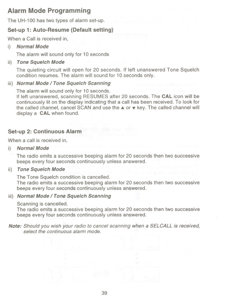 Alarm mode programming | Uniden UH-100 User Manual | Page 40 / 52