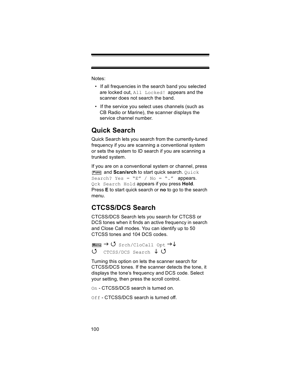 Quick search, Ctcss/dcs search | Uniden BR330T User Manual | Page 100 / 156