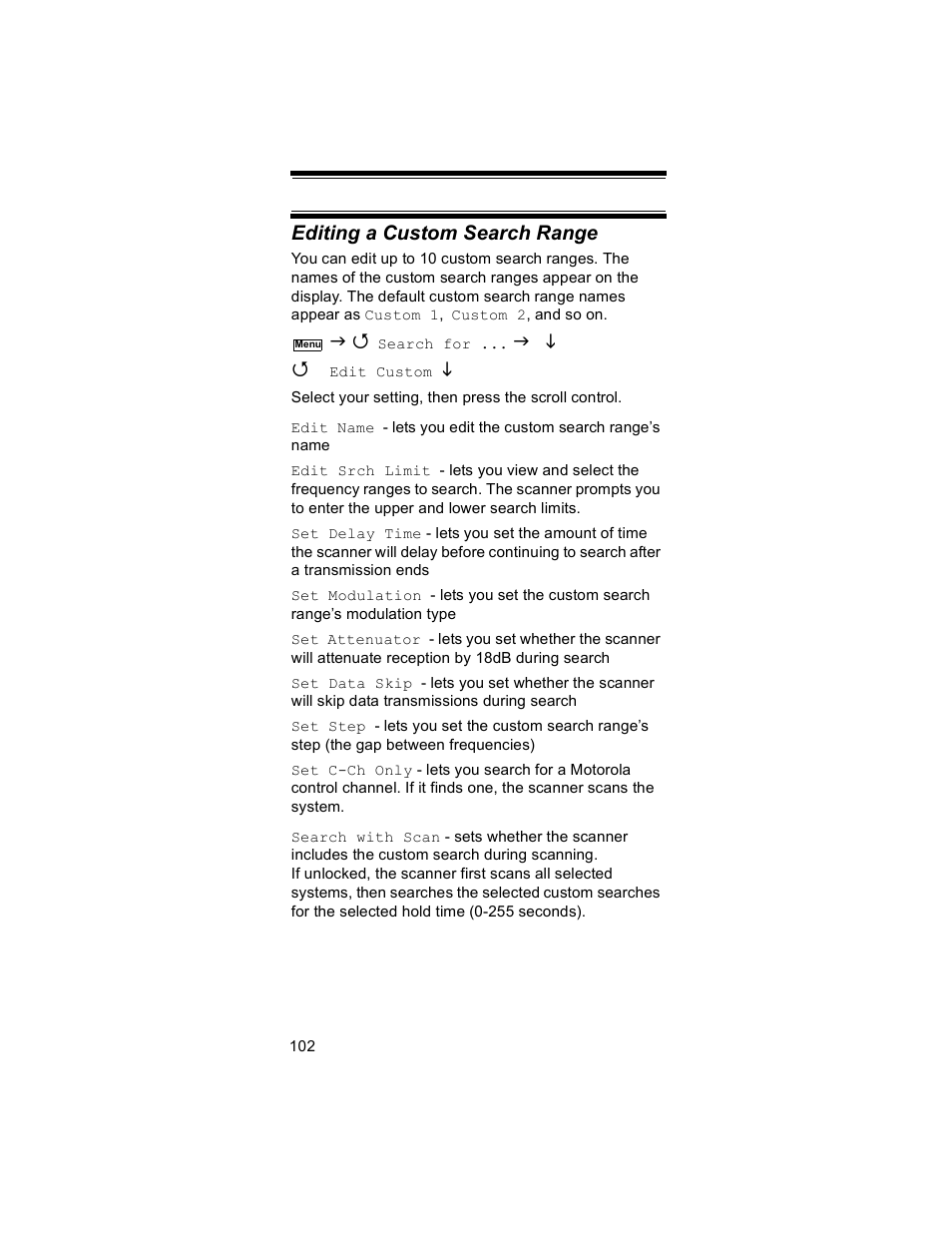 Editing a custom search range | Uniden BR330T User Manual | Page 102 / 156