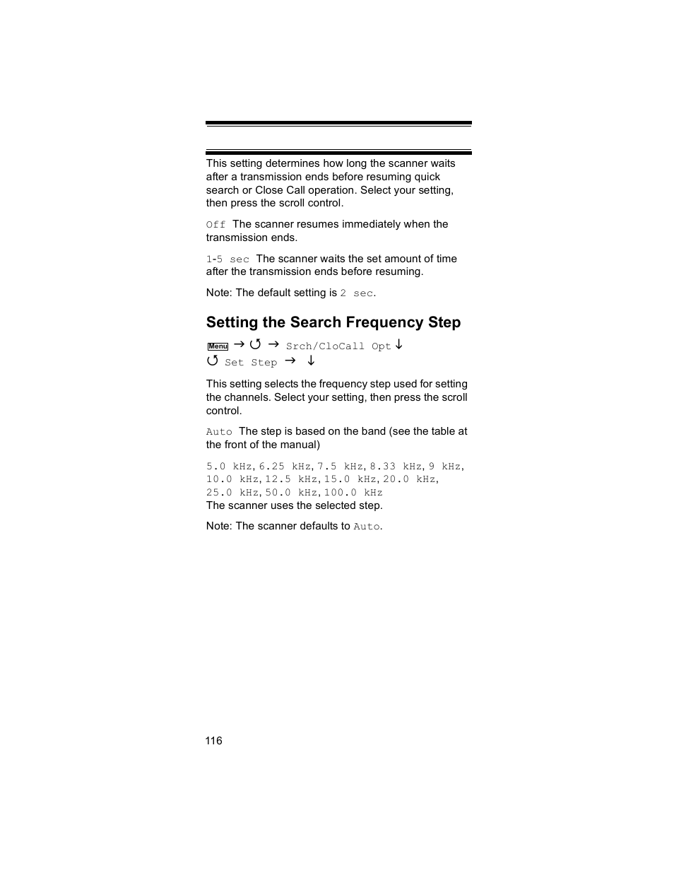 Setting the search frequency step | Uniden BR330T User Manual | Page 116 / 156