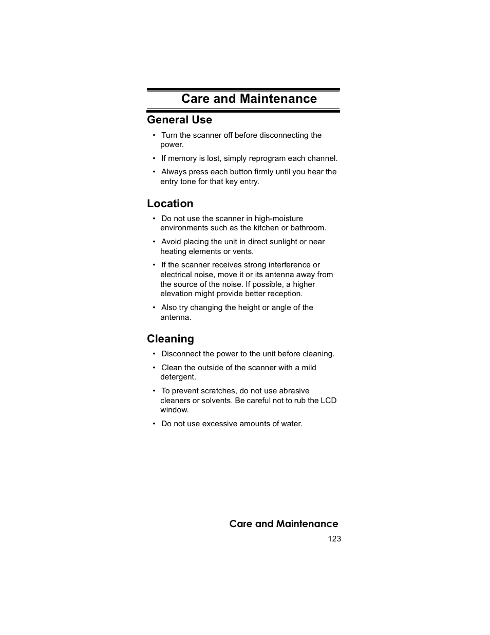Care and mainte- nance, Care and maintenance | Uniden BR330T User Manual | Page 123 / 156