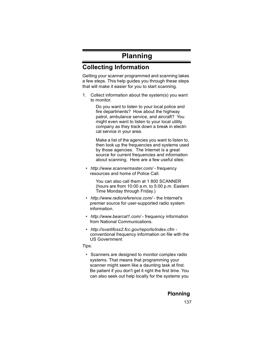 Planning, Collecting information | Uniden BR330T User Manual | Page 137 / 156