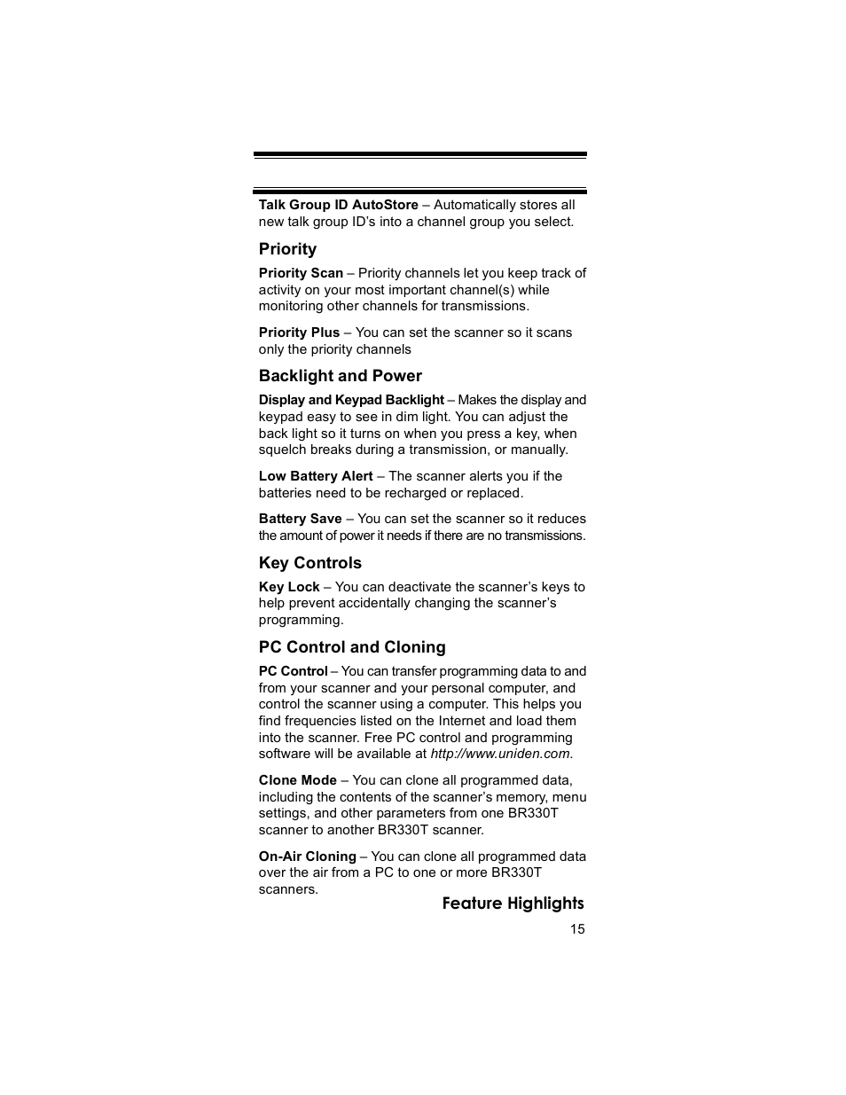 Uniden BR330T User Manual | Page 15 / 156