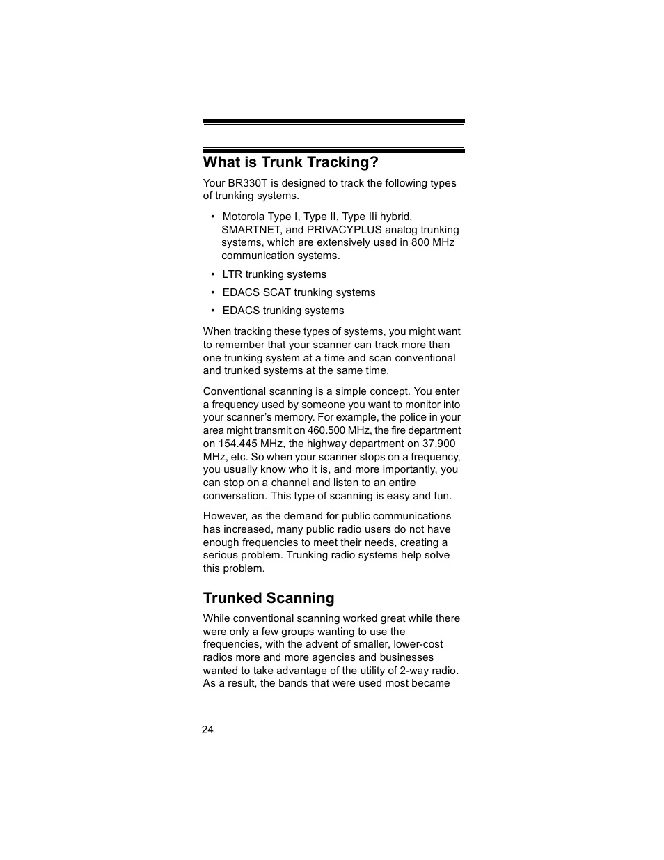 What is trunk tracking, Trunked scanning | Uniden BR330T User Manual | Page 24 / 156