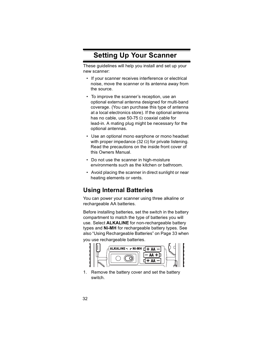 Using internal batteries, Setting up your scanner | Uniden BR330T User Manual | Page 32 / 156