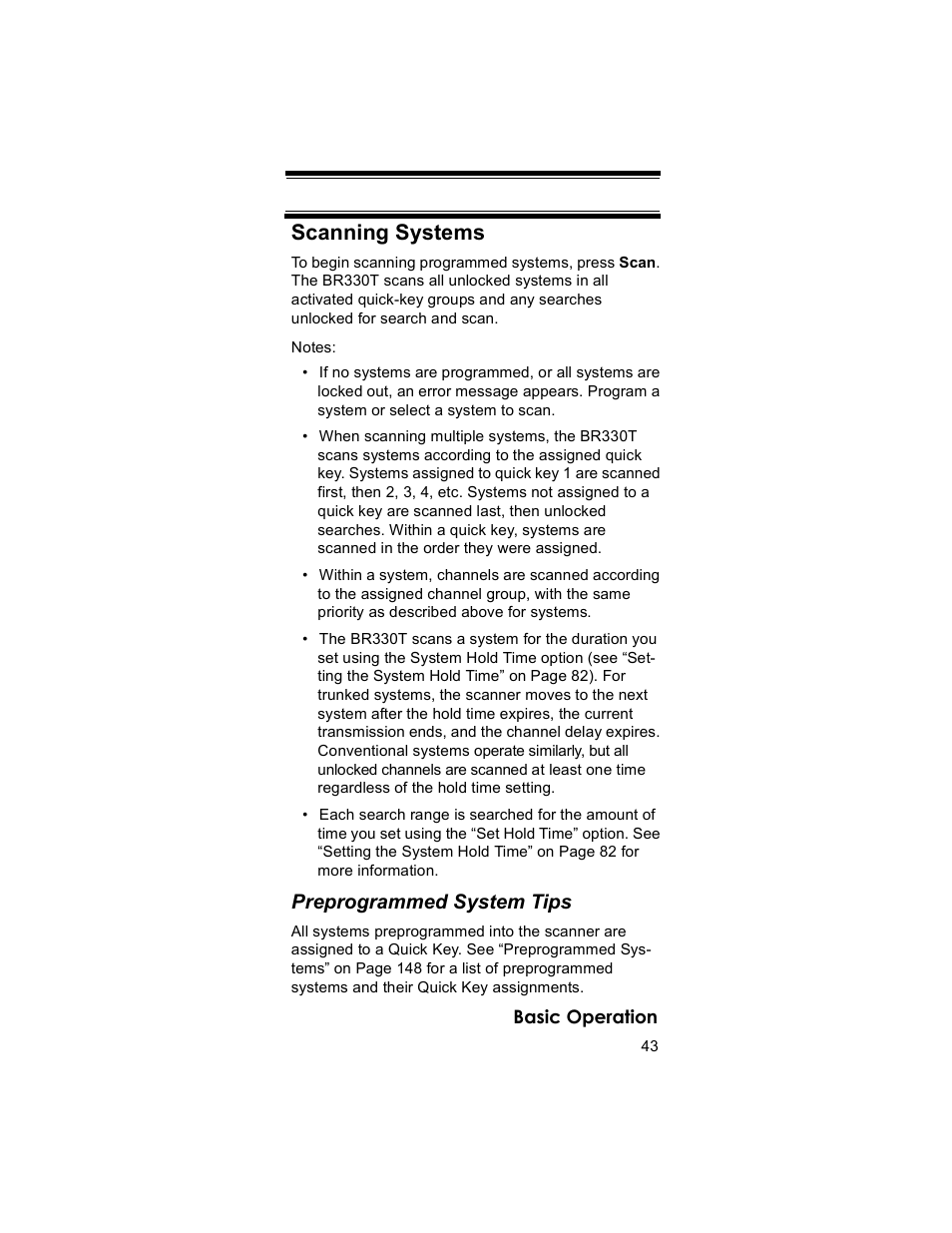 Scanning systems, Preprogrammed system tips | Uniden BR330T User Manual | Page 43 / 156