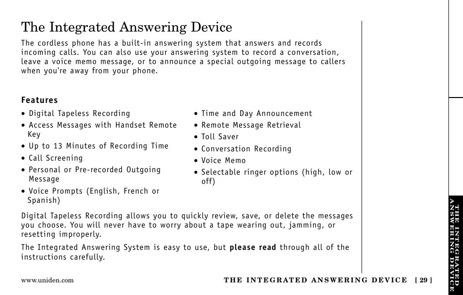 The integrated answering device | Uniden EXa15580 User Manual | Page 29 / 64