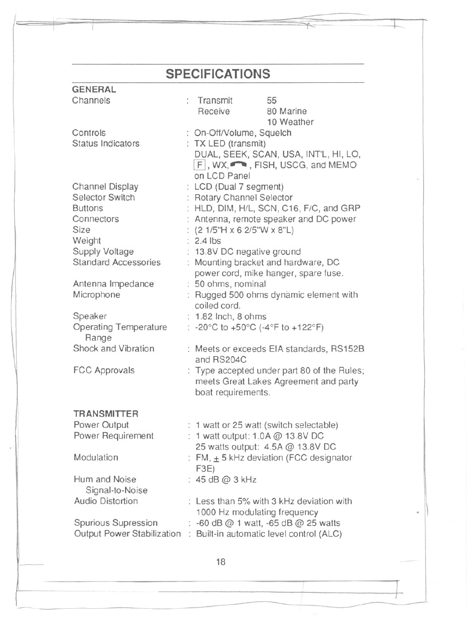 Specifications | Uniden PRESIDENT LTD 950 User Manual | Page 20 / 33