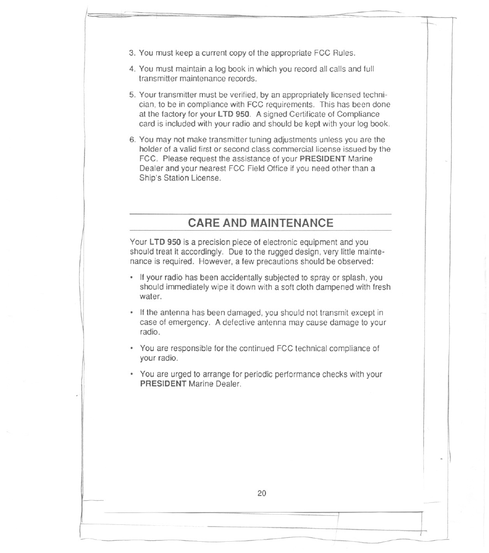 Care and maintenance | Uniden PRESIDENT LTD 950 User Manual | Page 22 / 33