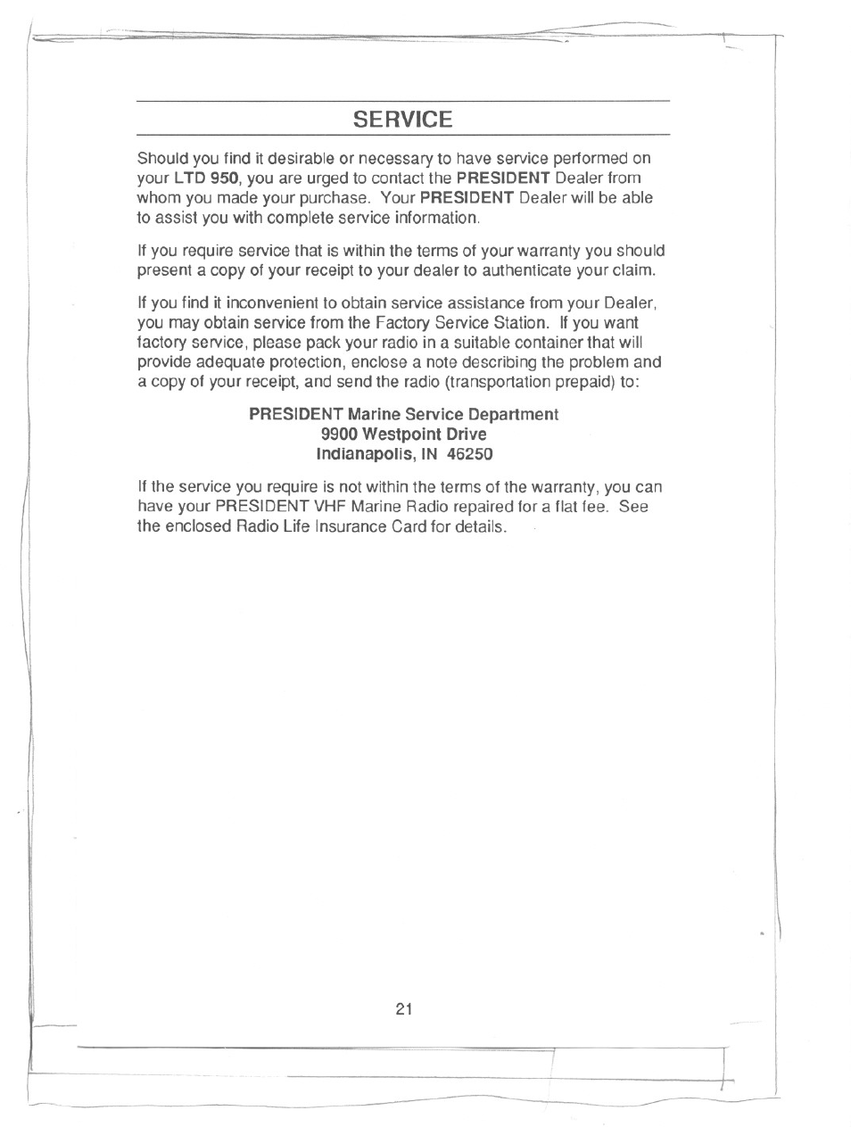 Service | Uniden PRESIDENT LTD 950 User Manual | Page 23 / 33