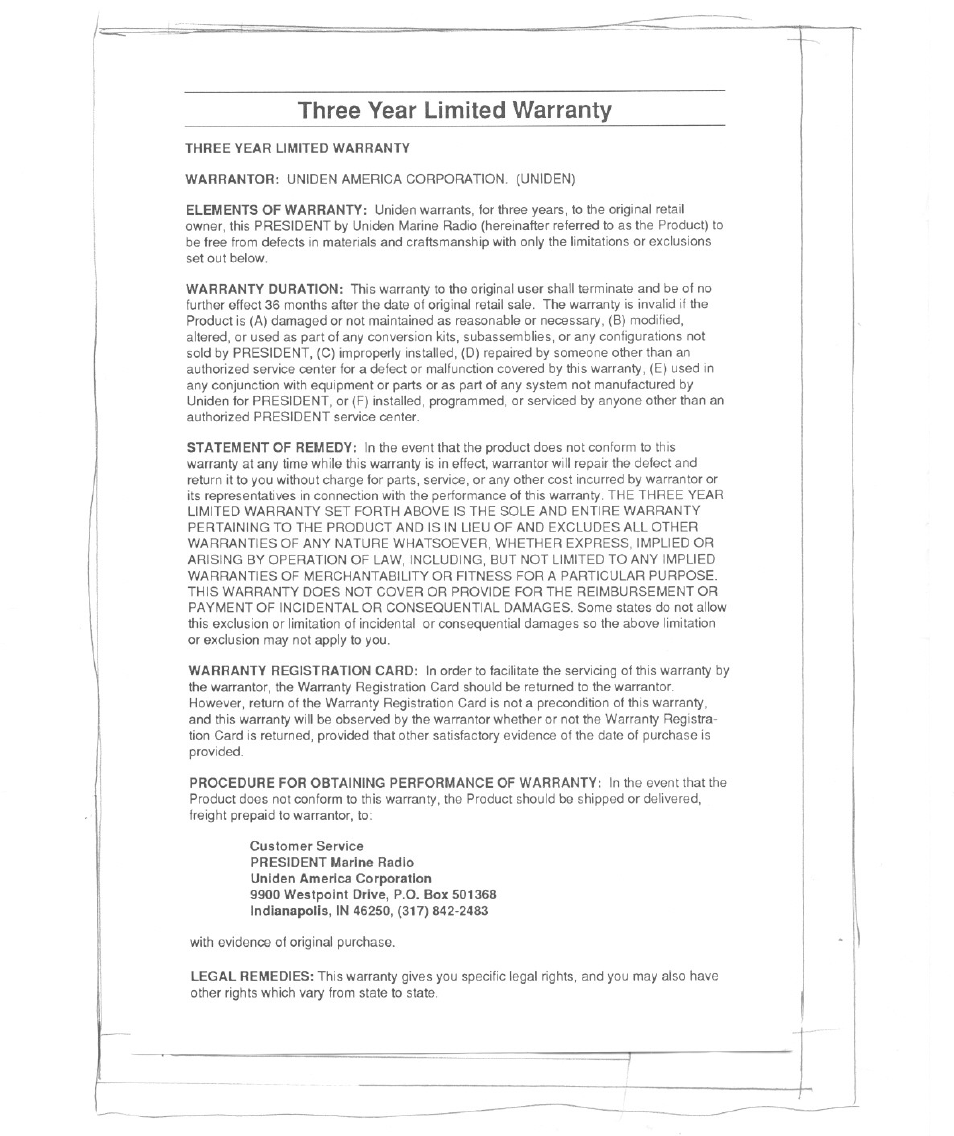 Three year limited warranty | Uniden PRESIDENT LTD 950 User Manual | Page 24 / 33