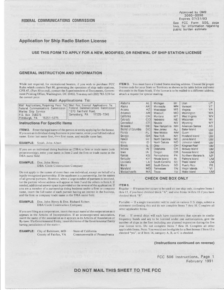 Application for ship radio station license, Do not mail this sheet to the fcc, Federal communications commission | Mail applications to, Instructions for specific items, Check one box only, Instructions continued on reverse) | Uniden PRESIDENT LTD 950 User Manual | Page 28 / 33