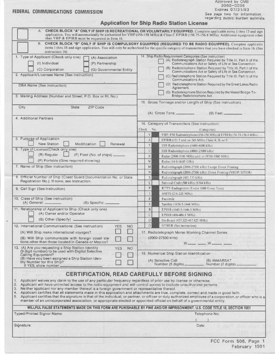 Application for ship radio station license, Certification, read carefully before signing, Federal communications commission | Uniden PRESIDENT LTD 950 User Manual | Page 29 / 33
