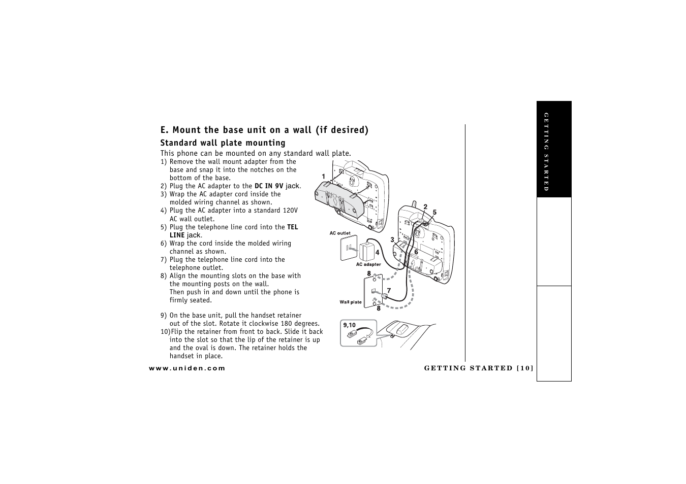 E. mount the base unit on a wall (if desired), Standard wall plate mounting | Uniden CXAI 5198 User Manual | Page 11 / 68