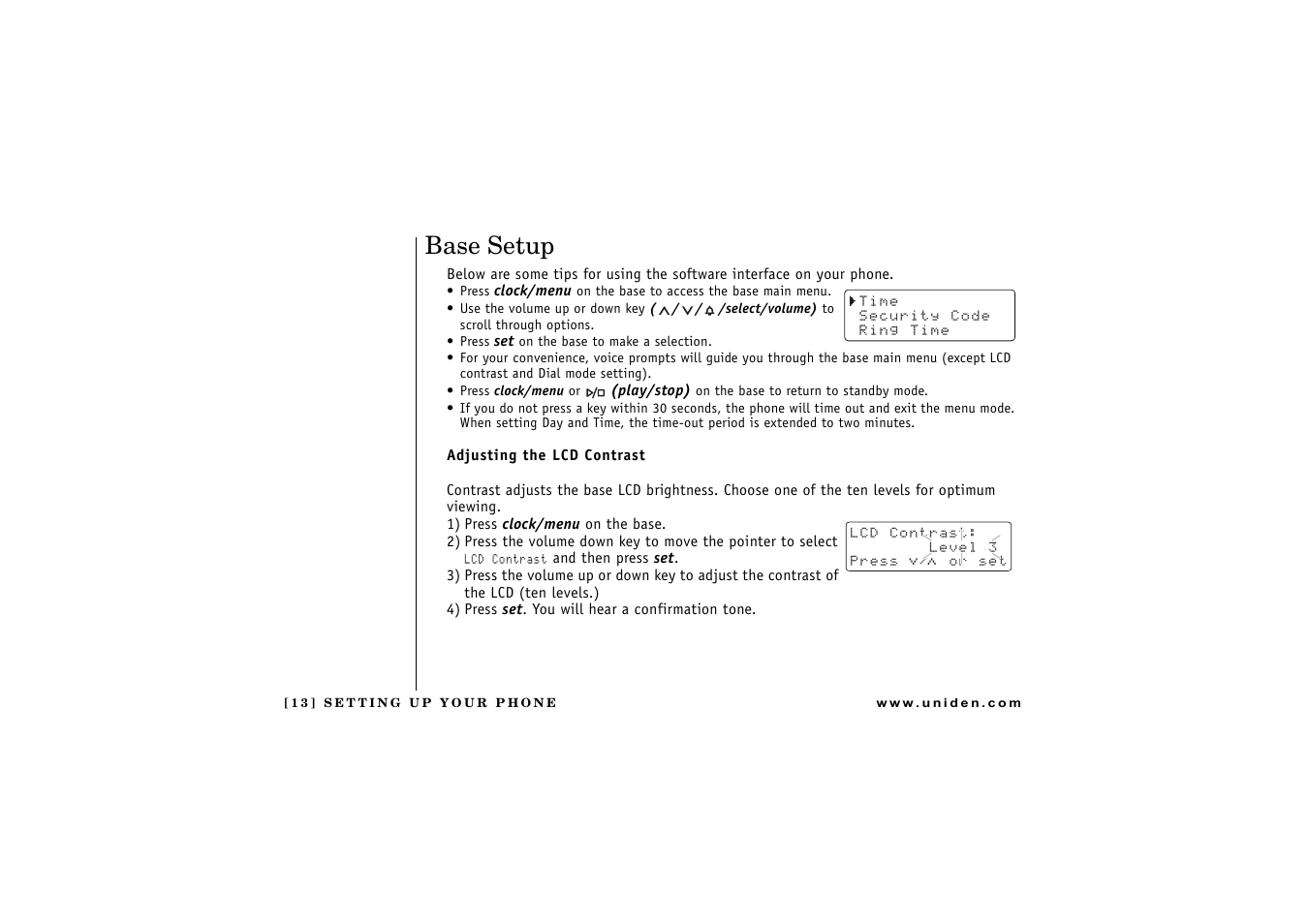 Base setup, Adjusting the lcd contrast, Setting up your phone | Uniden CXAI 5198 User Manual | Page 14 / 68