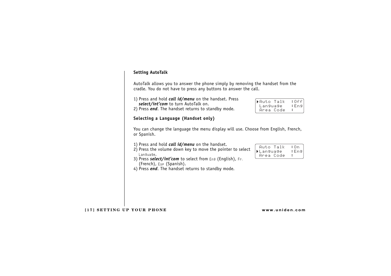 Setting autotalk, Selecting a language (handset only) | Uniden CXAI 5198 User Manual | Page 18 / 68
